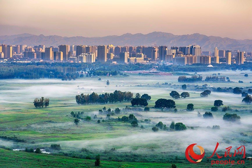 赛汗塔拉城中草原夏季景象：草地连绵延伸到城市边缘。