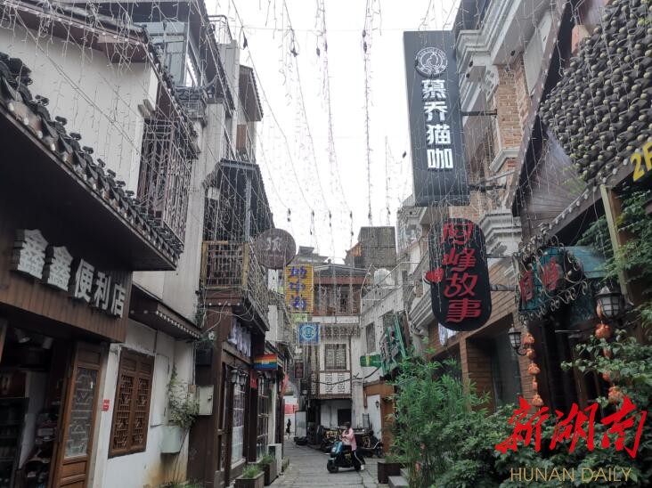 化龙池麻石路白天街景，酒吧招牌、猫咖和便利店在传统建筑立面上层叠