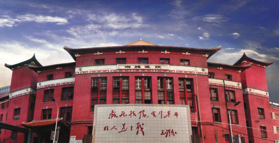 湘雅红楼修缮后的近景，可见红砖清水墙的砖缝细节