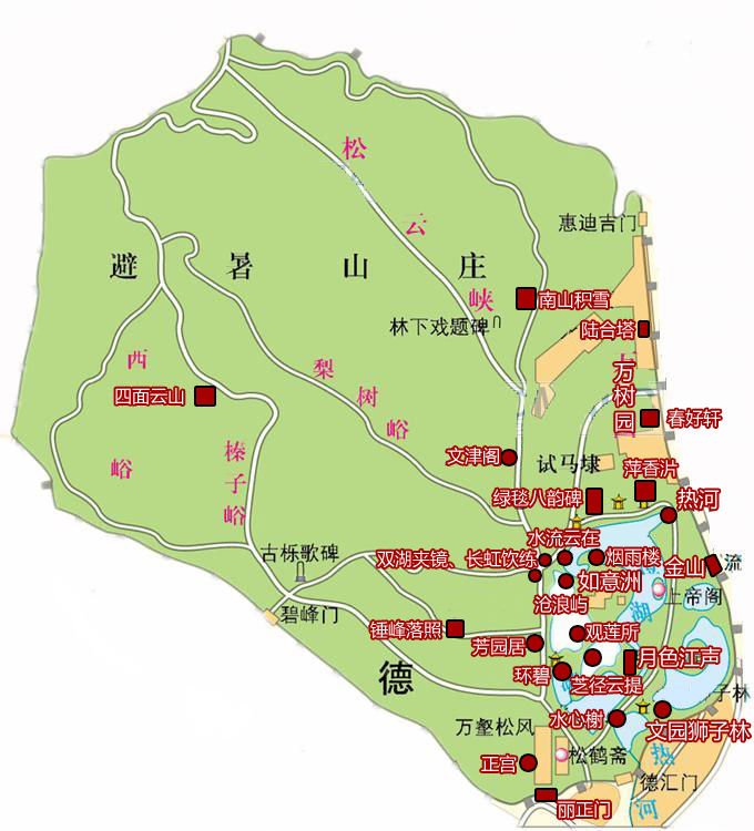 避暑山庄全景导航地图，三大板块分区明确