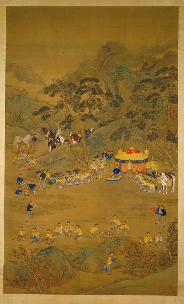 郎世宁绘乾隆皇帝围猎聚餐图轴