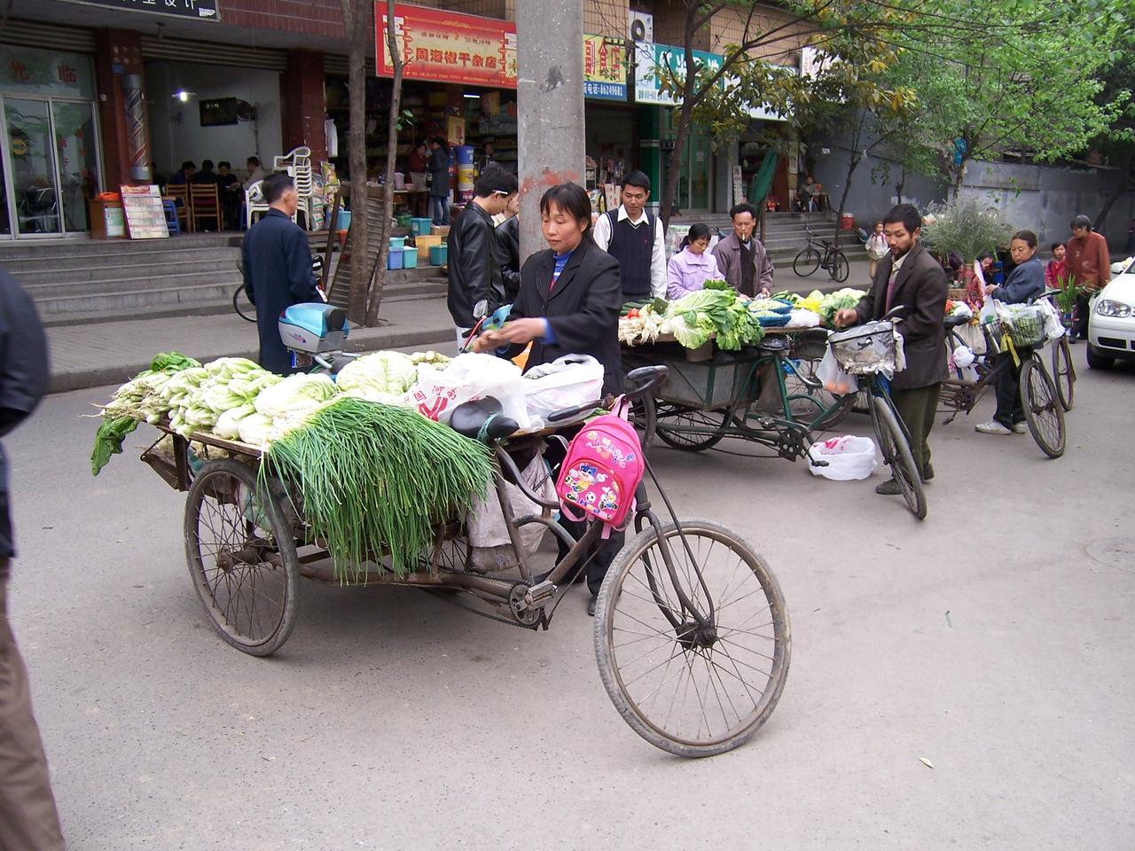 成都菜市场内的蔬菜摊位，各色青菜整齐码放