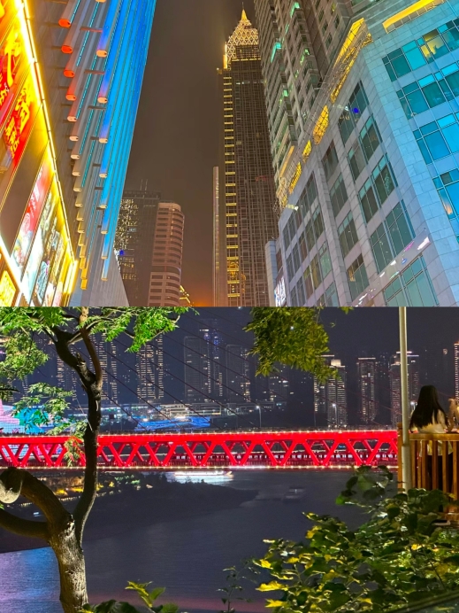 戴家巷崖壁步道全景，Z字形步道在崖壁上折返，红色仿木栏杆沿崖壁延伸