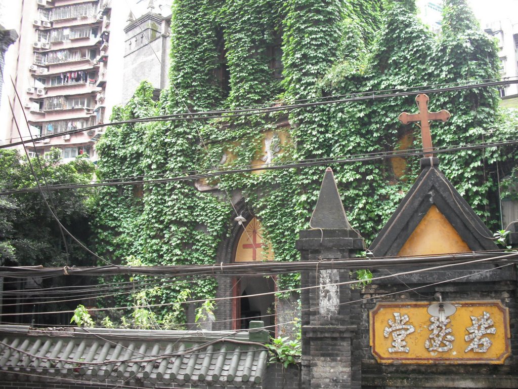 若瑟堂外景,常春藤覆盖的教堂建筑,可见院落环境