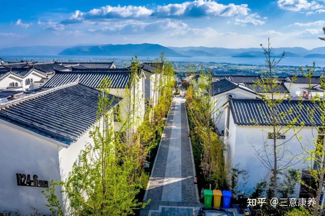 A narrow pathway lined with white traditional-style buildings with dark tiled roofs, flanked by youn