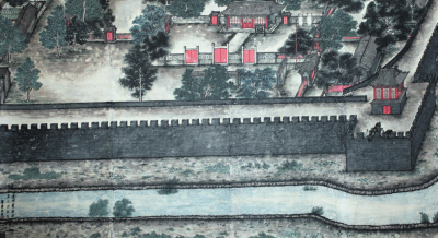 金州古城旧貌图（局部）：传统中国画中的城墙和城门