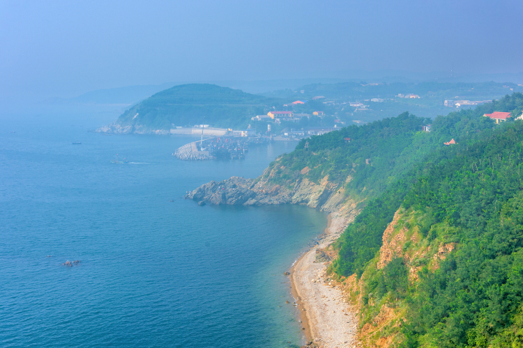 A coastline with a lush green hillside sloping down to a rocky beach, where the 