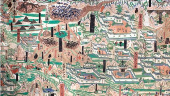 莫高窟第61窟《五台山图》壁画局部,展现唐代全景山水
