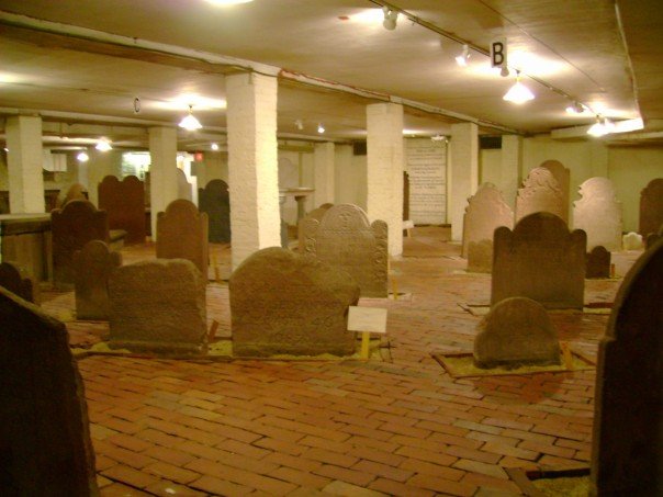 Rows of gravestones preserved beneath Center Church