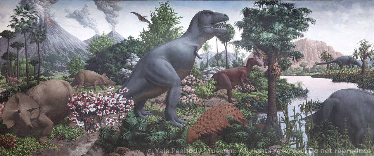 A section of "The Age of Reptiles," where changes in vegetation and terrain connect geological periods