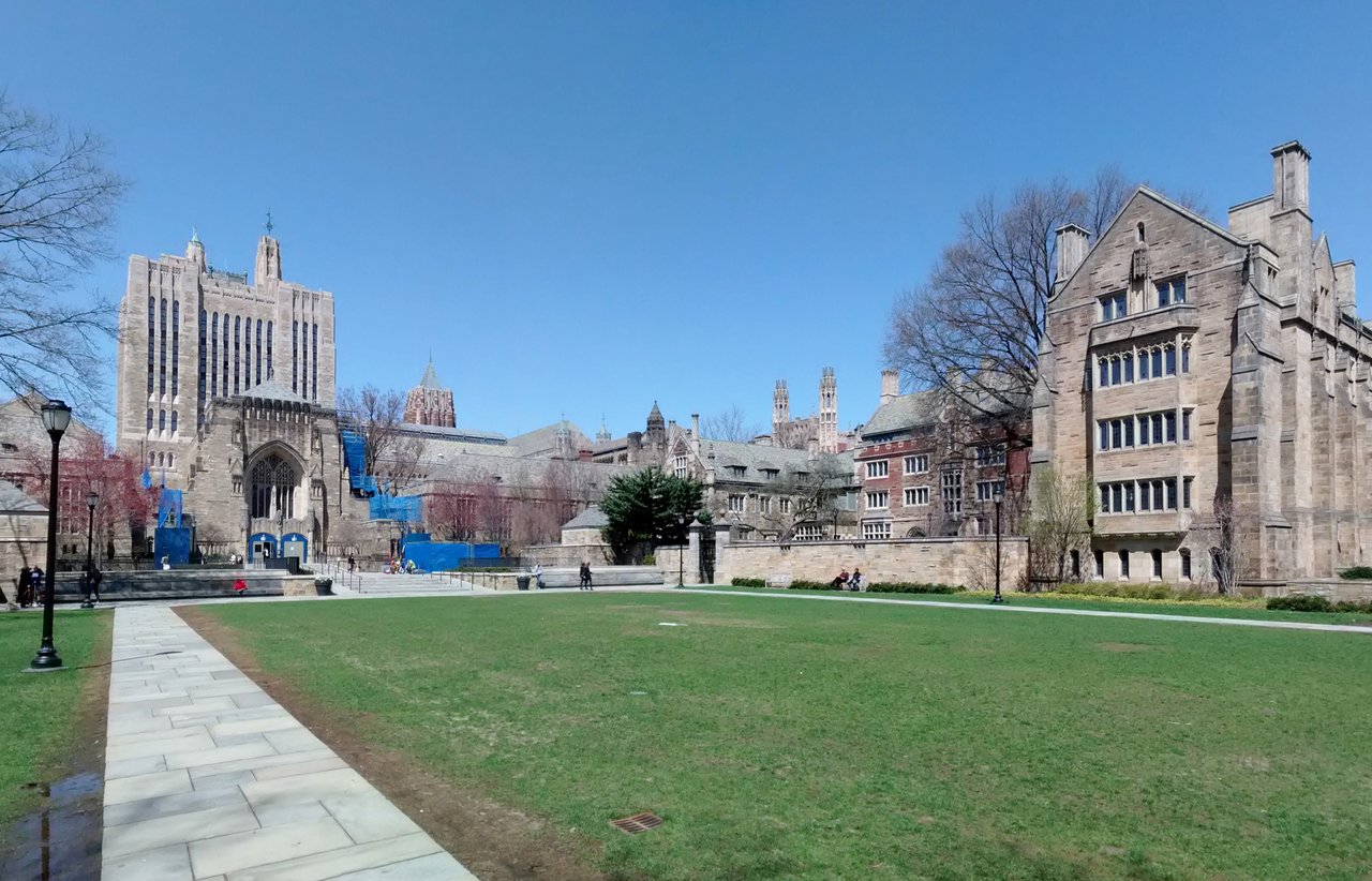 Cross Campus lawn with Sterling Memorial Library and the Bass Library entrance