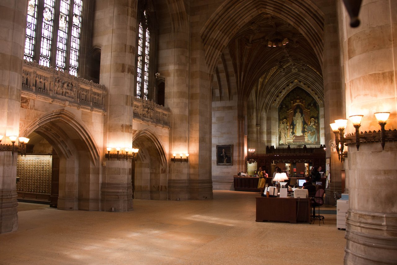 Sterling Memorial Library nave, looking toward the circulation desk
