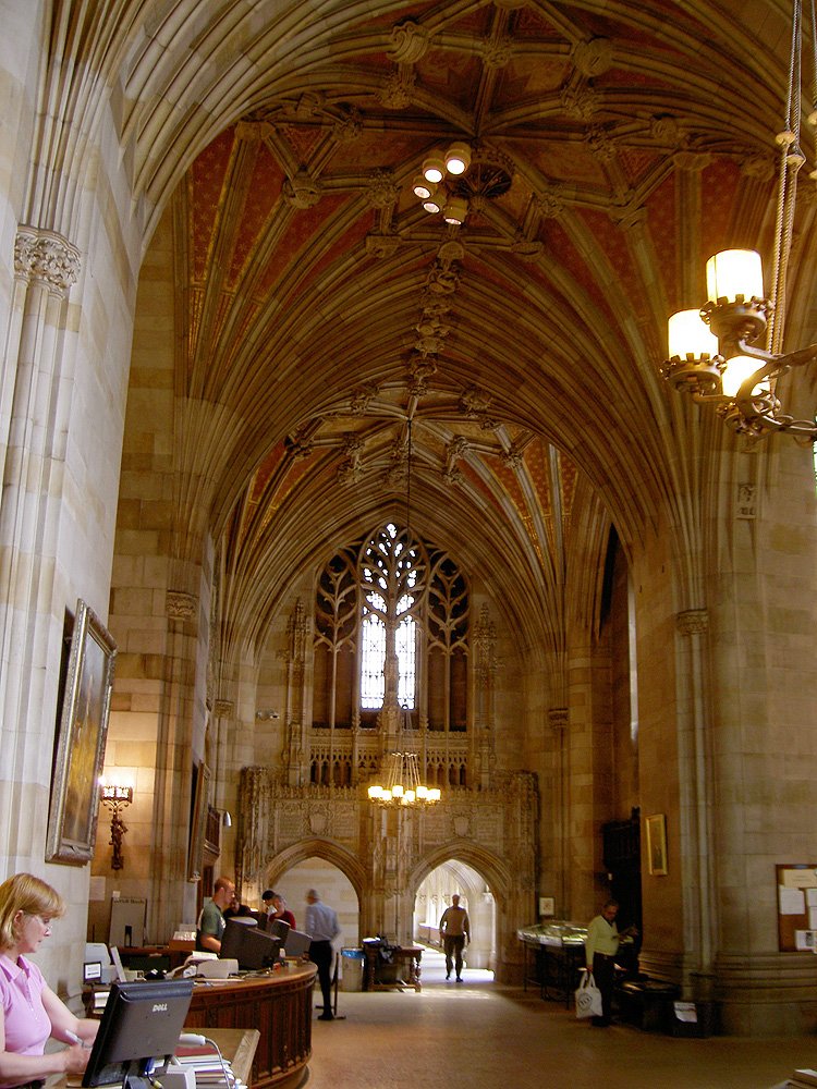 The former circulation desk at the end of Sterling Memorial Library’s nave