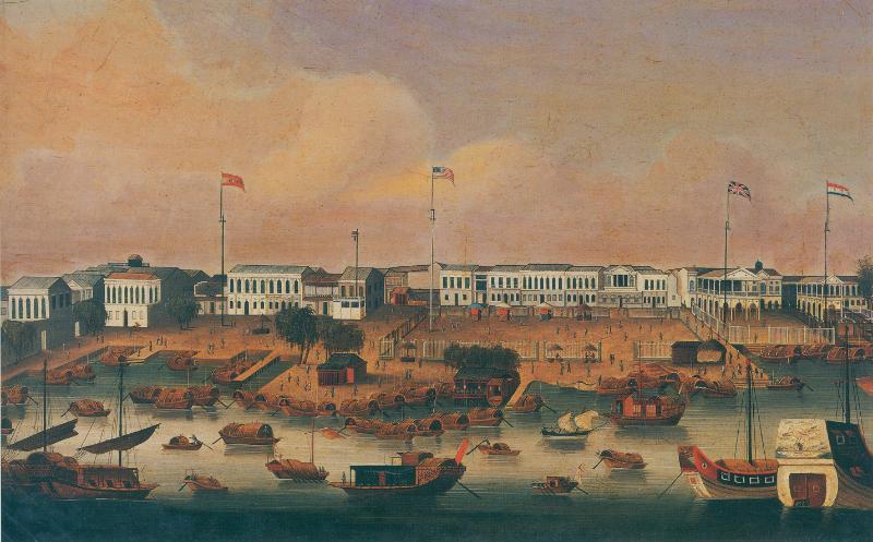 A historic waterfront scene depicting trade activities in Guangzhou, with traditional boats docked and a row of Western-