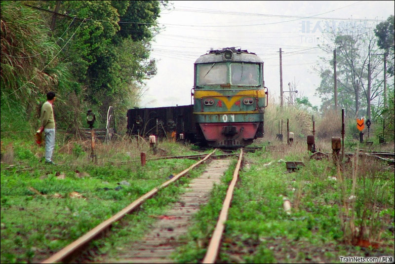 A person stands next to an abandoned railway track with overgrown vegetation, facing a vintage locomotive approaching fr