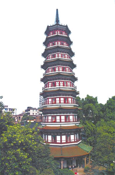 A tall, multi-tiered pagoda with traditional Chinese architectural features stands amidst greenery, serving as a histori