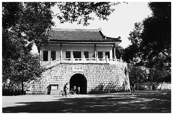 古南门前的千年古榕树与黄庭坚系舟处石碑，远处可见古榕双桥