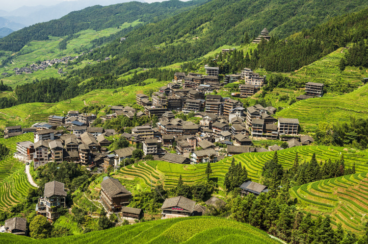 古壮寨全景：吊脚楼群沿山脊排列，梯田从山脚盘绕至山顶