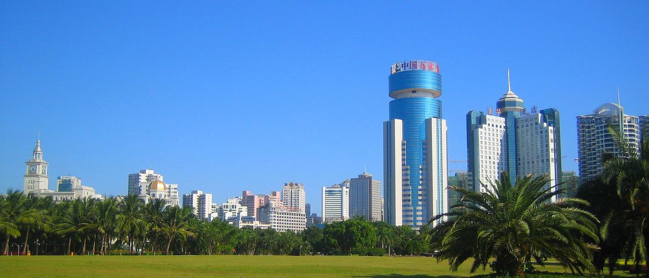 海口国贸CBD天际线:高层建筑群与热带植被