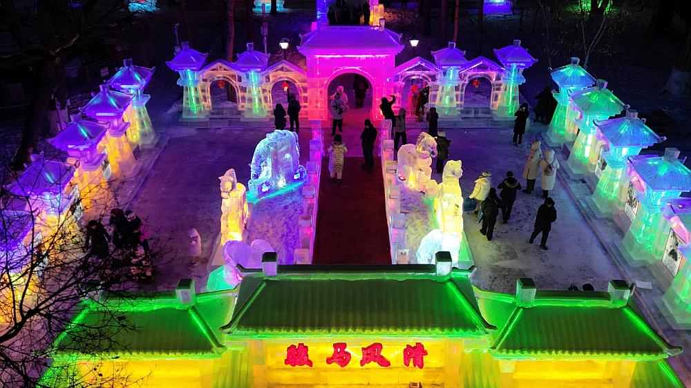 兆麟公园冰灯游园会夜景,彩色冰雕覆盖整座公园,游客在步道上观赏