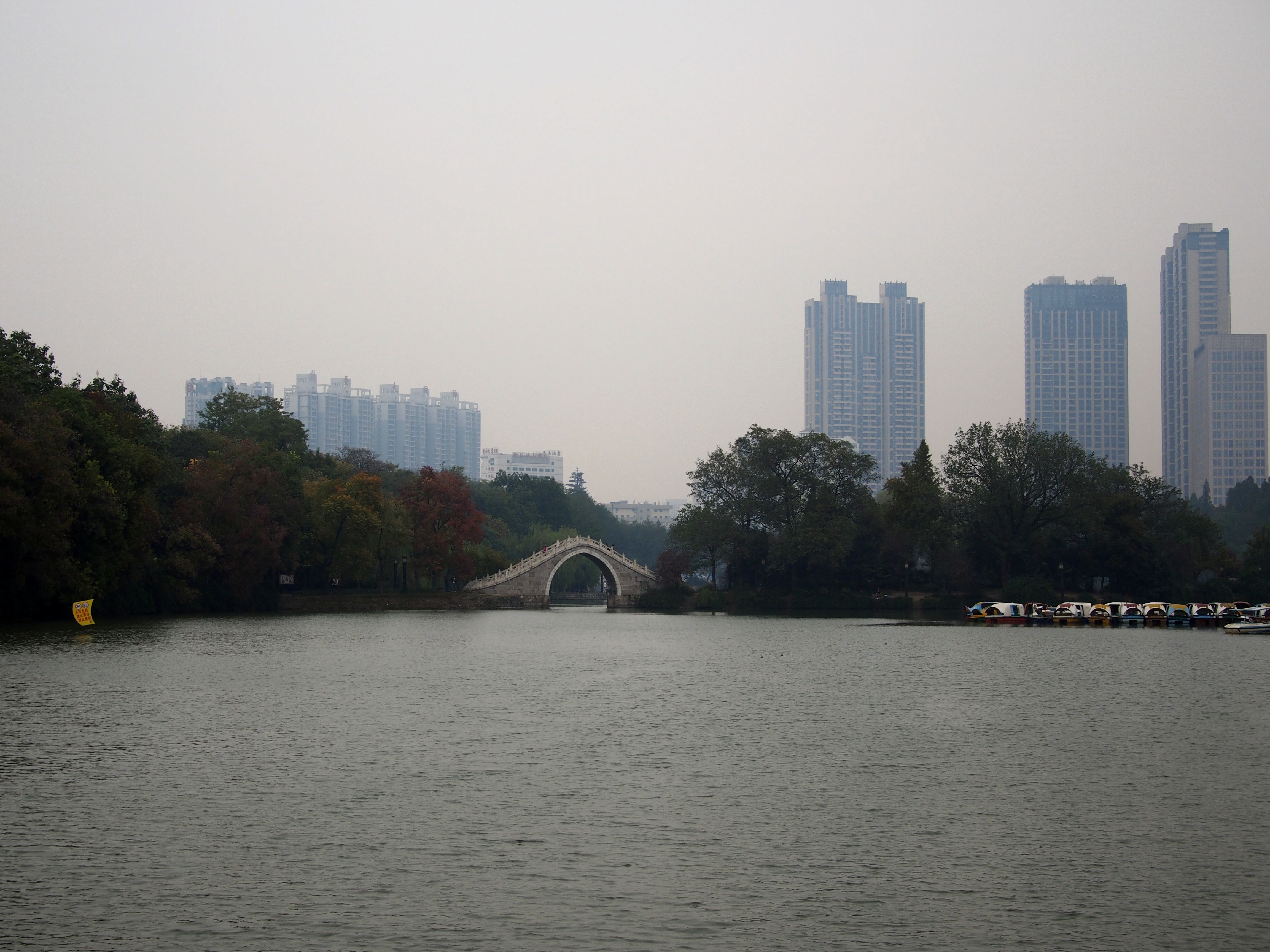 包河水面全景，可见狭长水面、岸线柳树和城市背景
