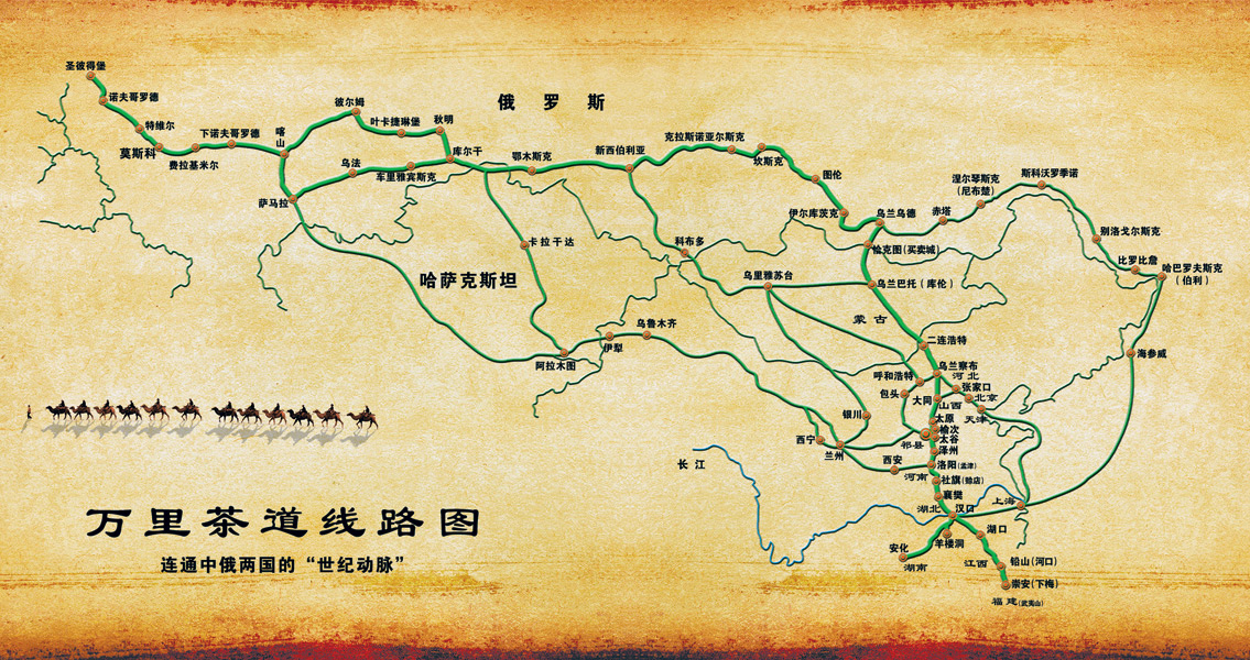 万里茶道路线图,标注从武夷山到圣彼得堡的主要节点