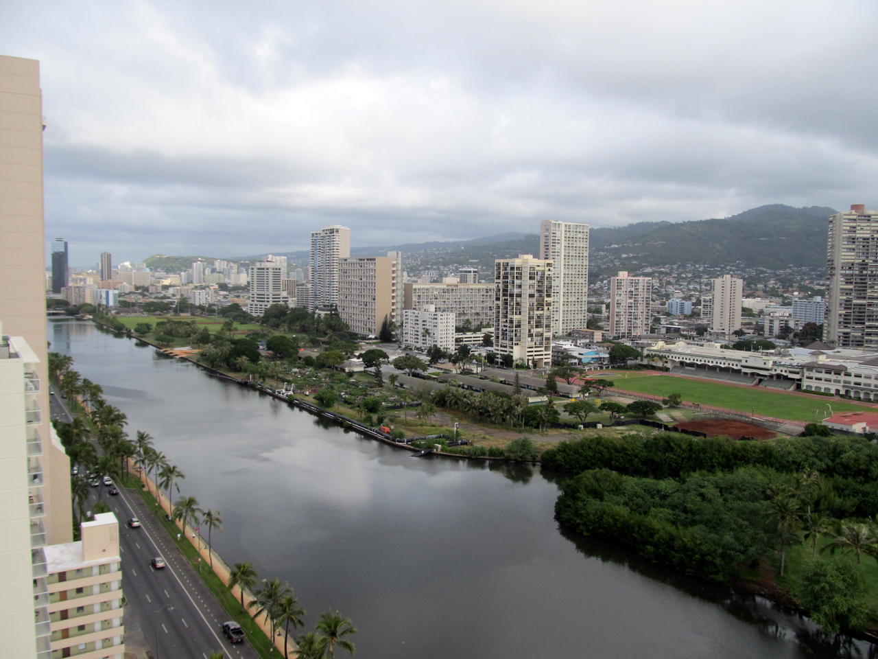 Ala Wai Canal concrete banks and low bridge beneath McCully Bridge