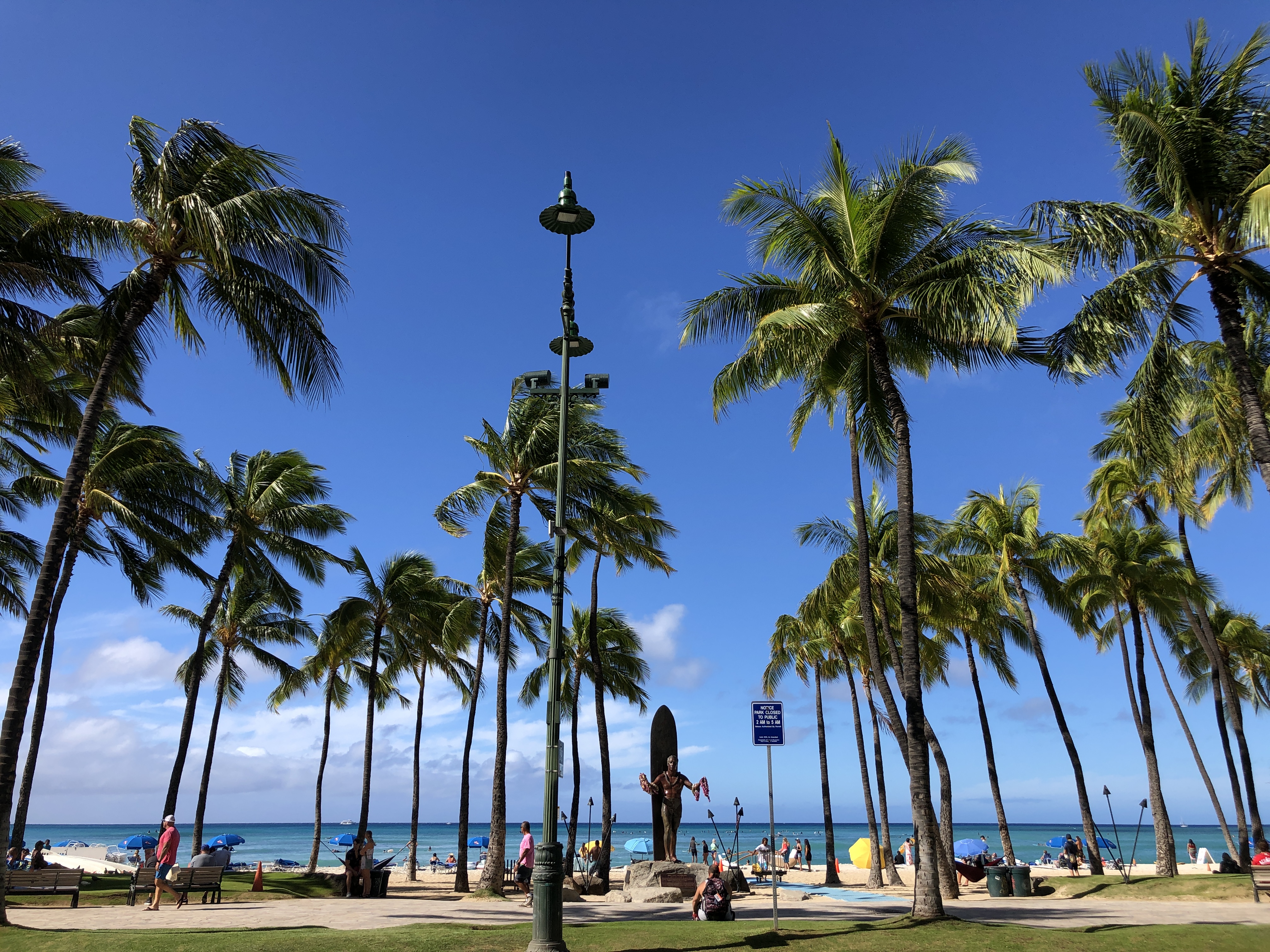 从铜像位置向西南方向看 Kūhiō Beach 的公共沙滩、椰树和酒店背景