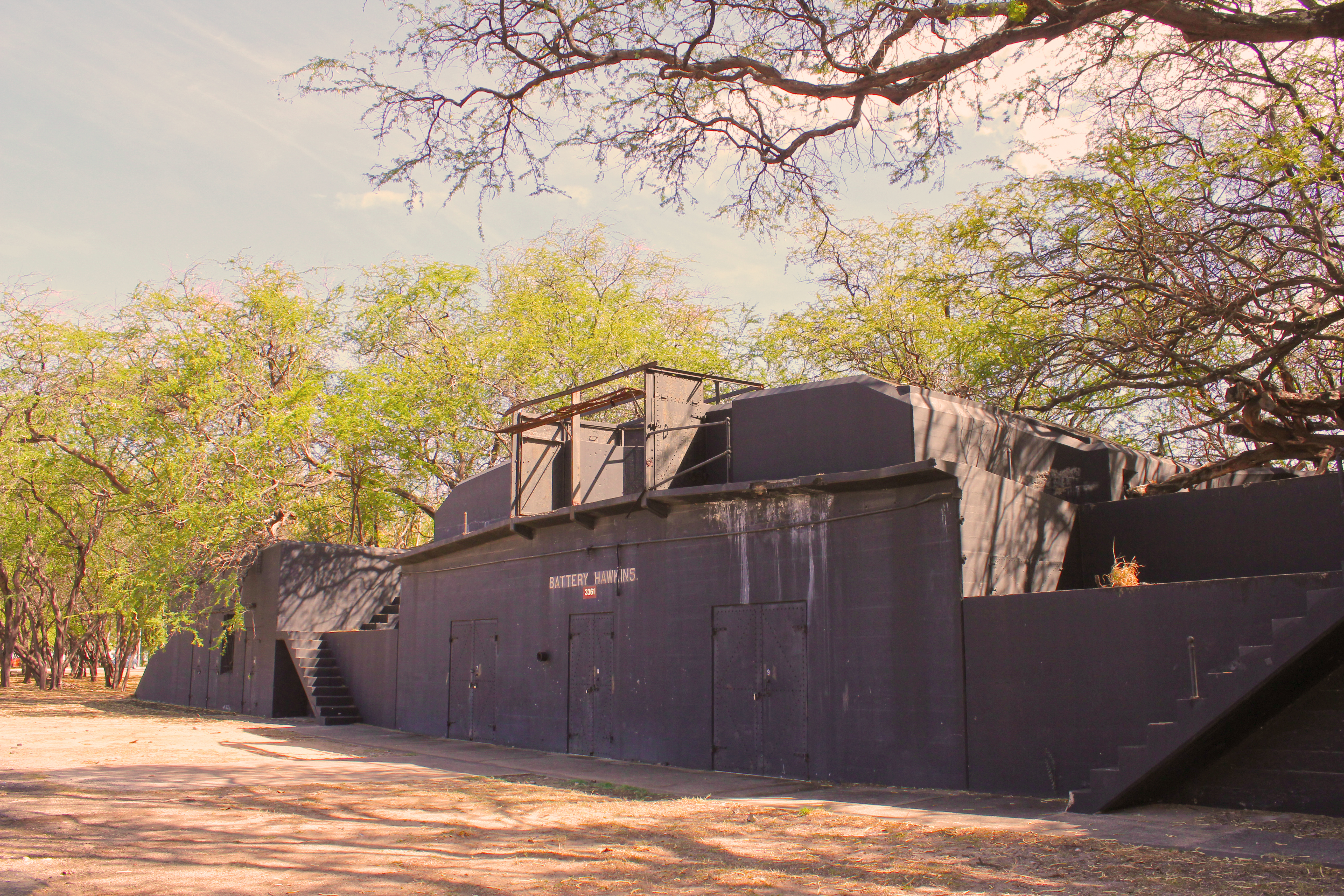 Battery Hawkins I, earth-covered concrete battery overgrown with vegetation