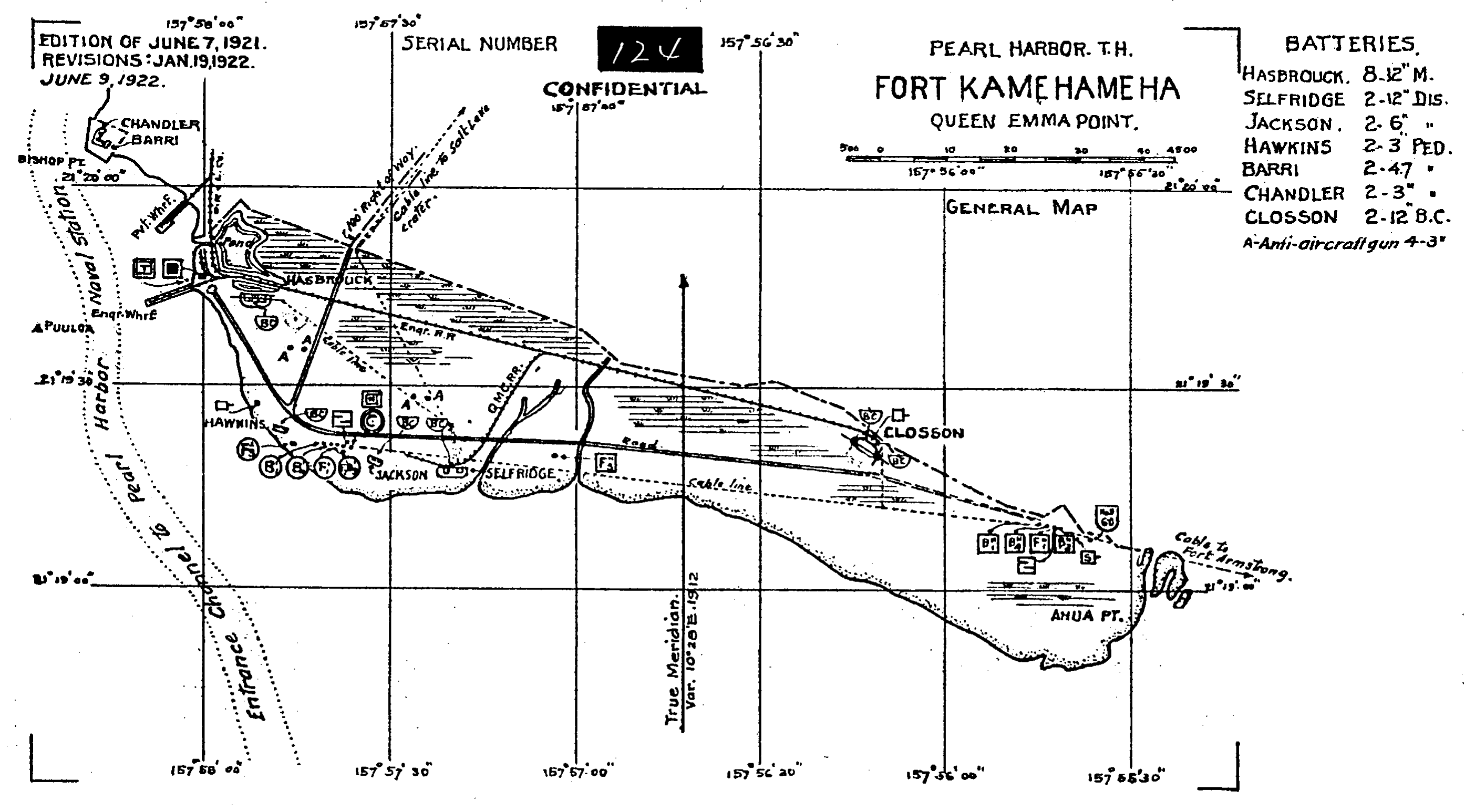 Fort Kamehameha map 1922, showing batteries, roads, shoreline, and Army post layout