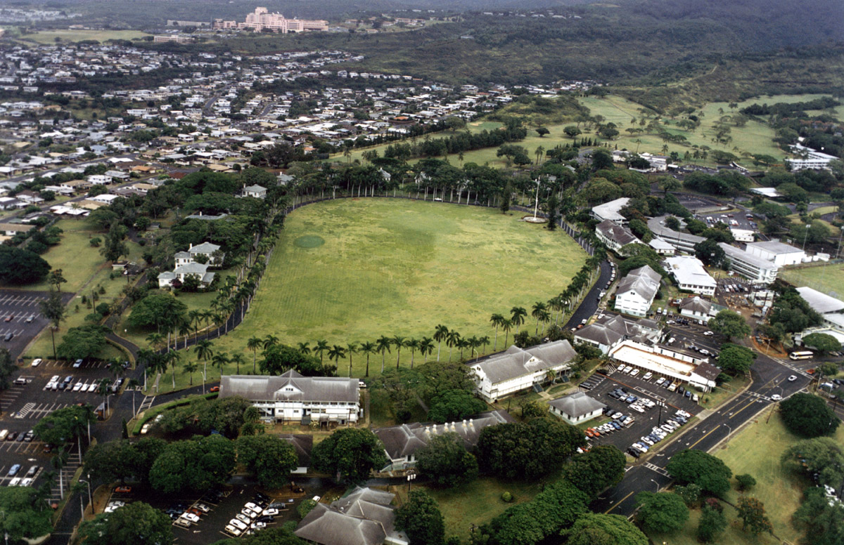 Palm Circle aerial view showing the oval parade ground and surrounding buildings