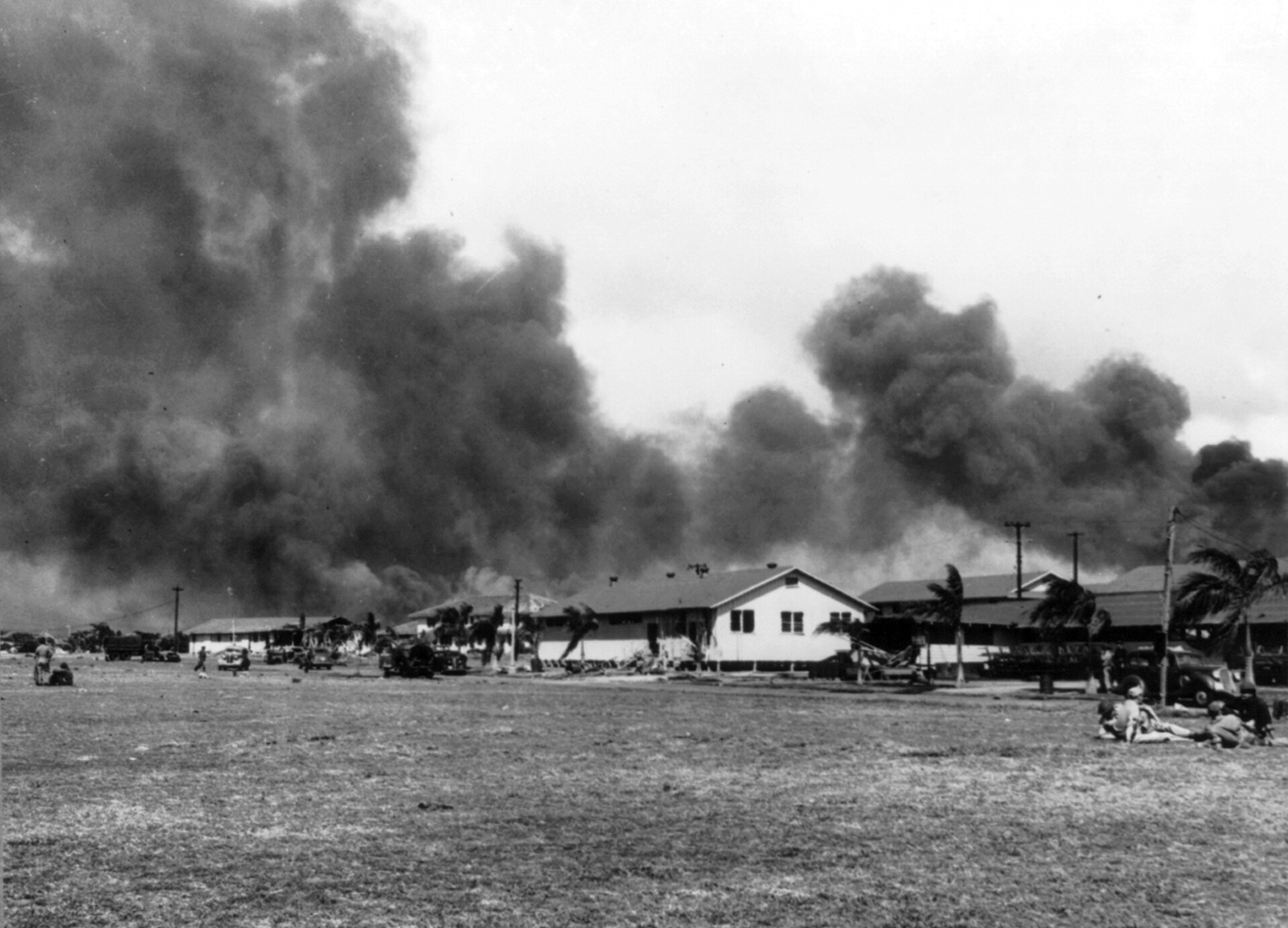 Hickam Field barracks on fire off Hangar Avenue during the Pearl Harbor attack