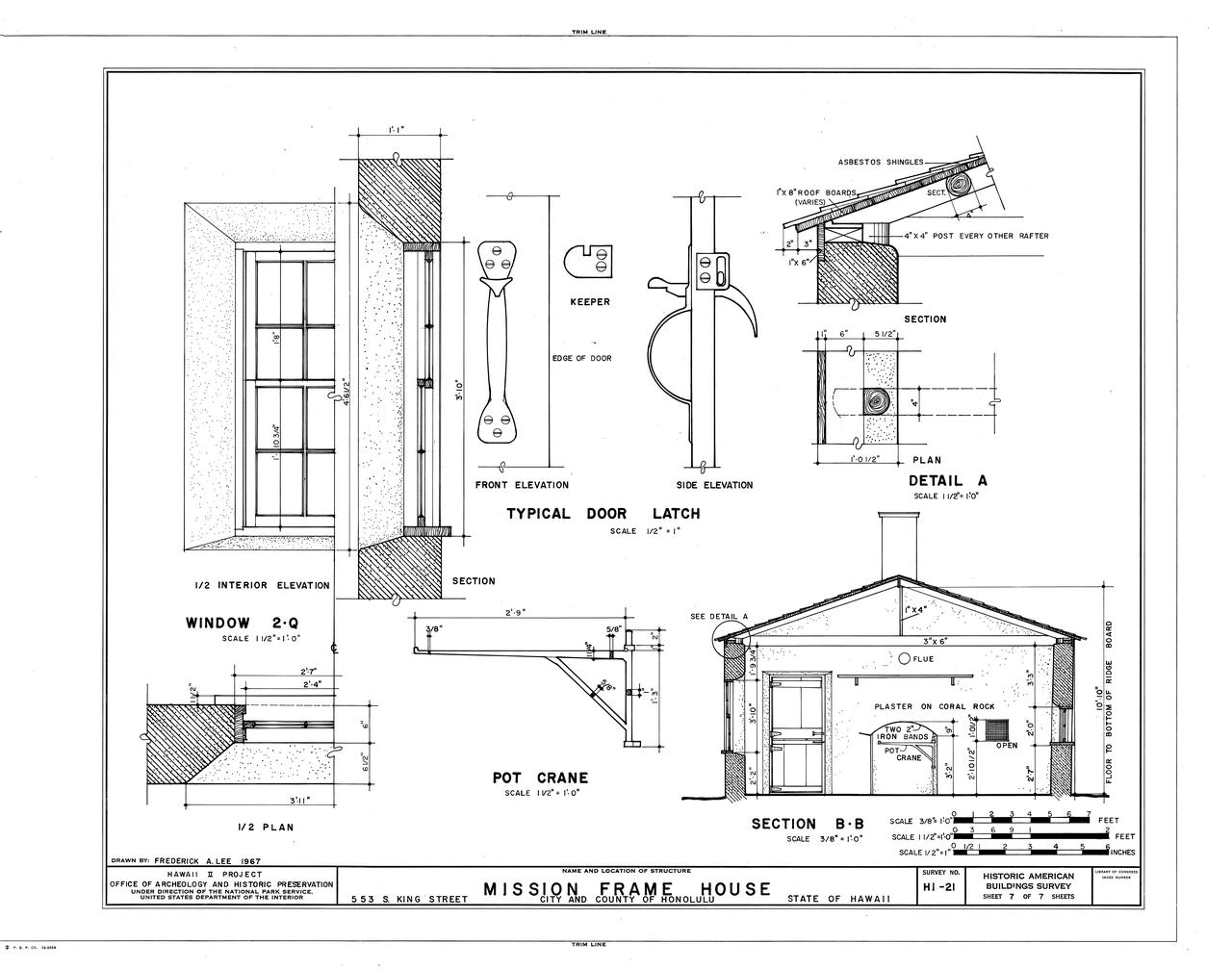 HABS drawing sheet for Mission Frame House, showing plan and construction sections