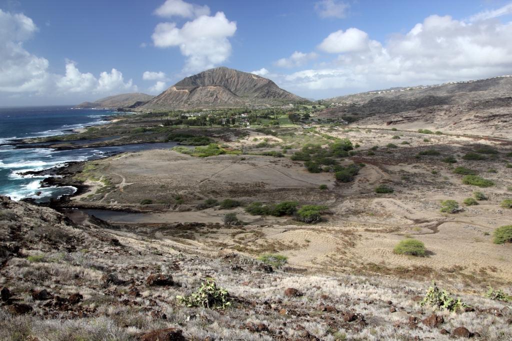 Koko Crater viewed from the southwest, showing the tuff cone shape with the rail ties climbing the slope