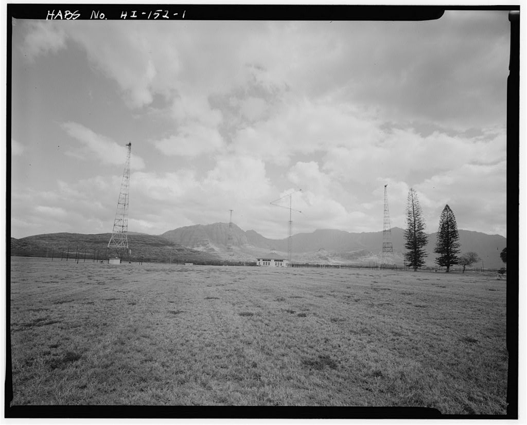 Antenna Towers S-109, S-110, S-111 and Transmitter Building, Waianae Mountain Range background