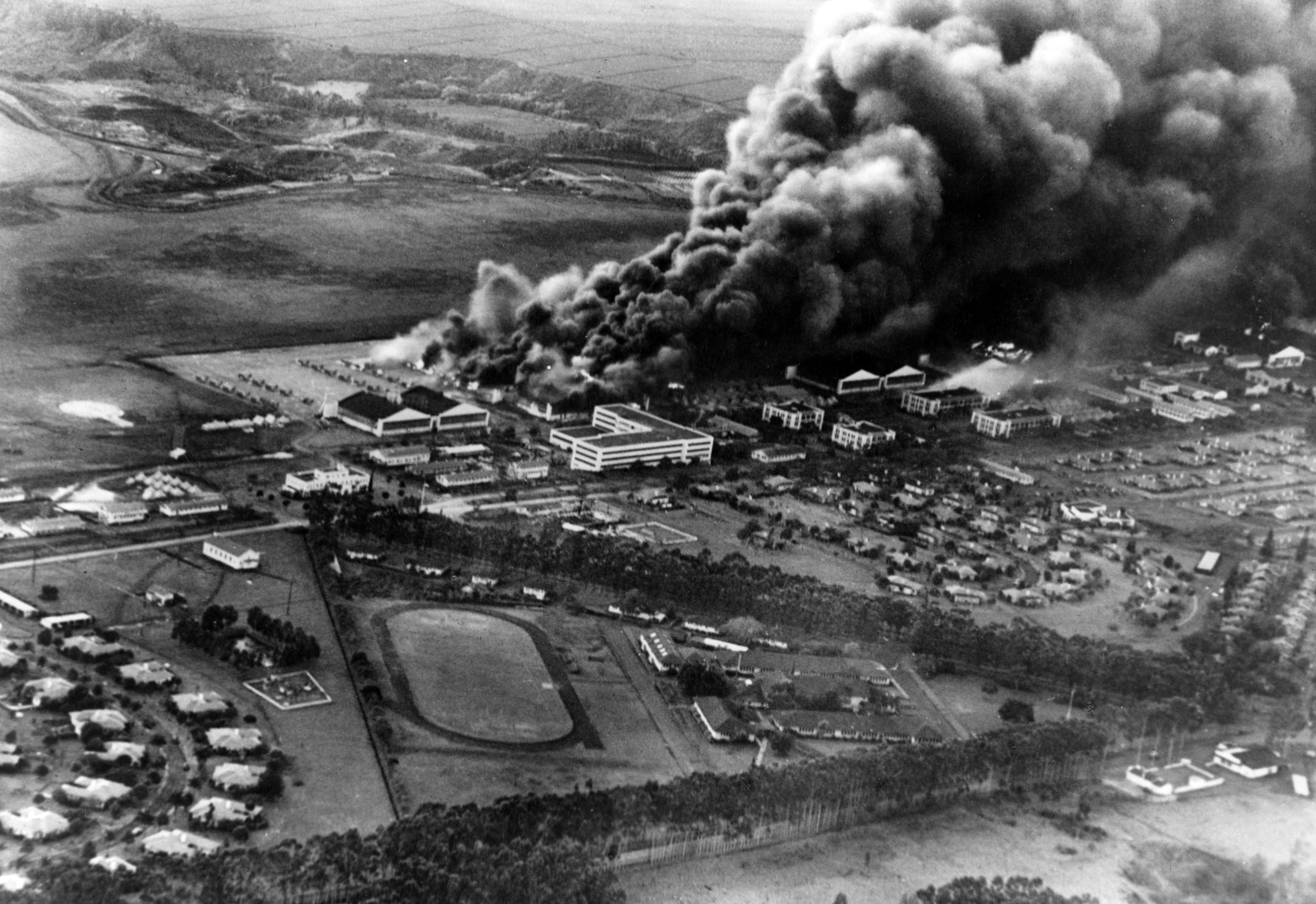 Planes and hangars burning at Wheeler Field on December 7 1941