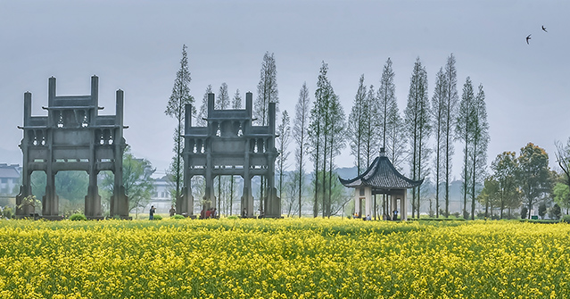 棠樾牌坊群近景，可见牌坊的匾额题刻与石雕细节