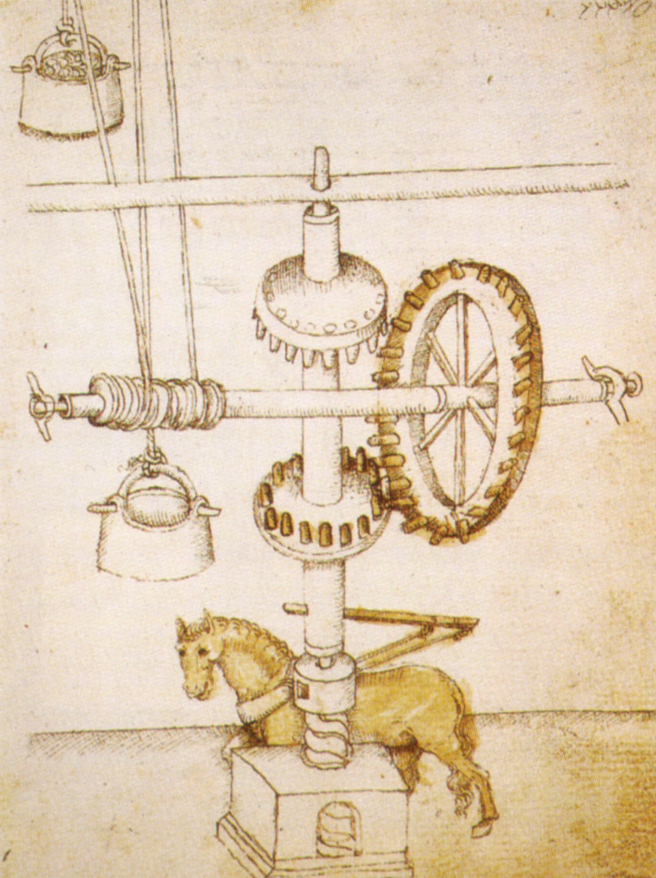 Taccola 手稿中的 Brunelleschi ox-hoist 提升机绘图
