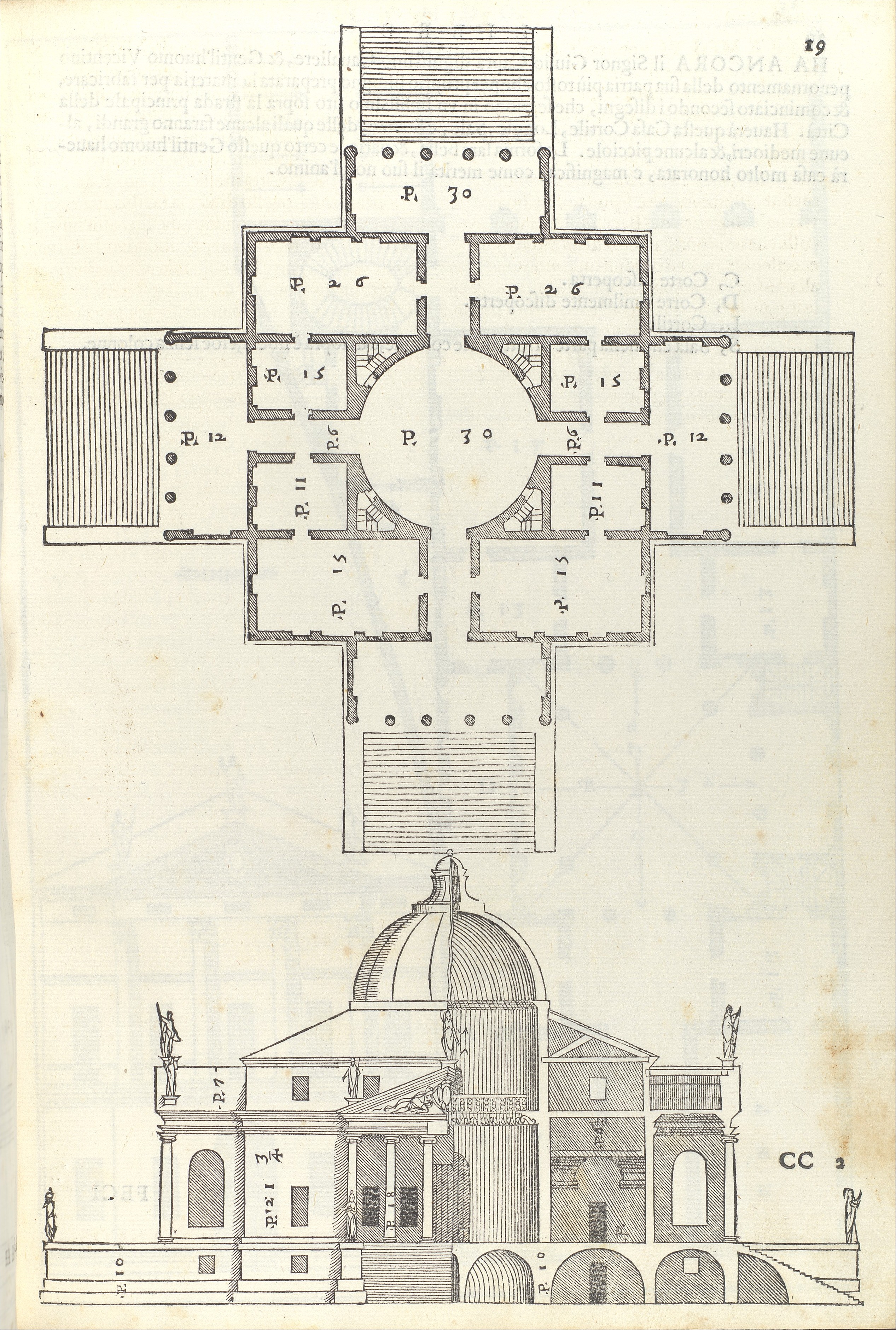 Palladio 在《建筑四书》中为 Villa La Rotonda 绘制的平面与剖面铜版画