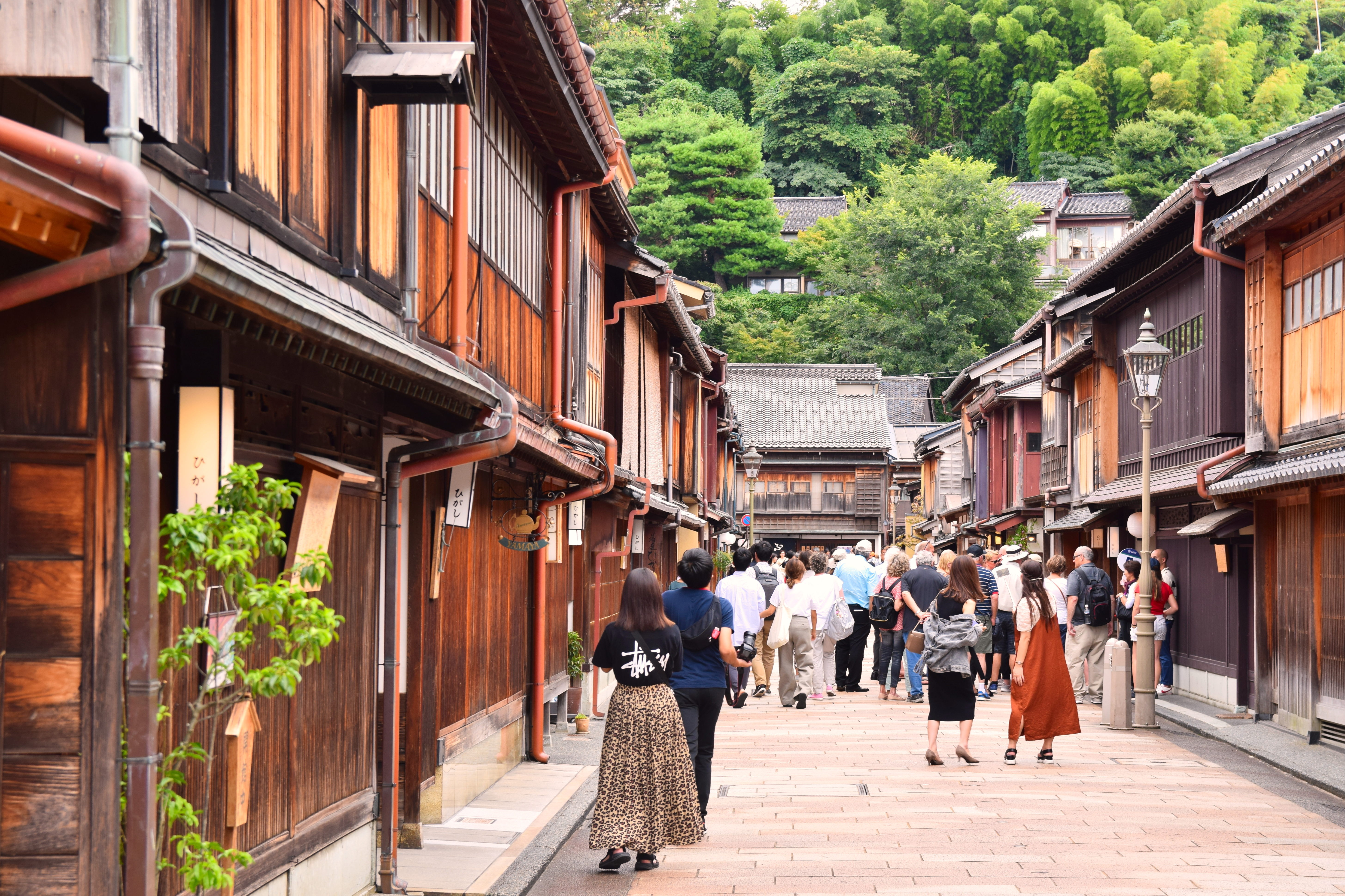 东茶屋街沿浅野川展开，出格子立面贯穿整条街道