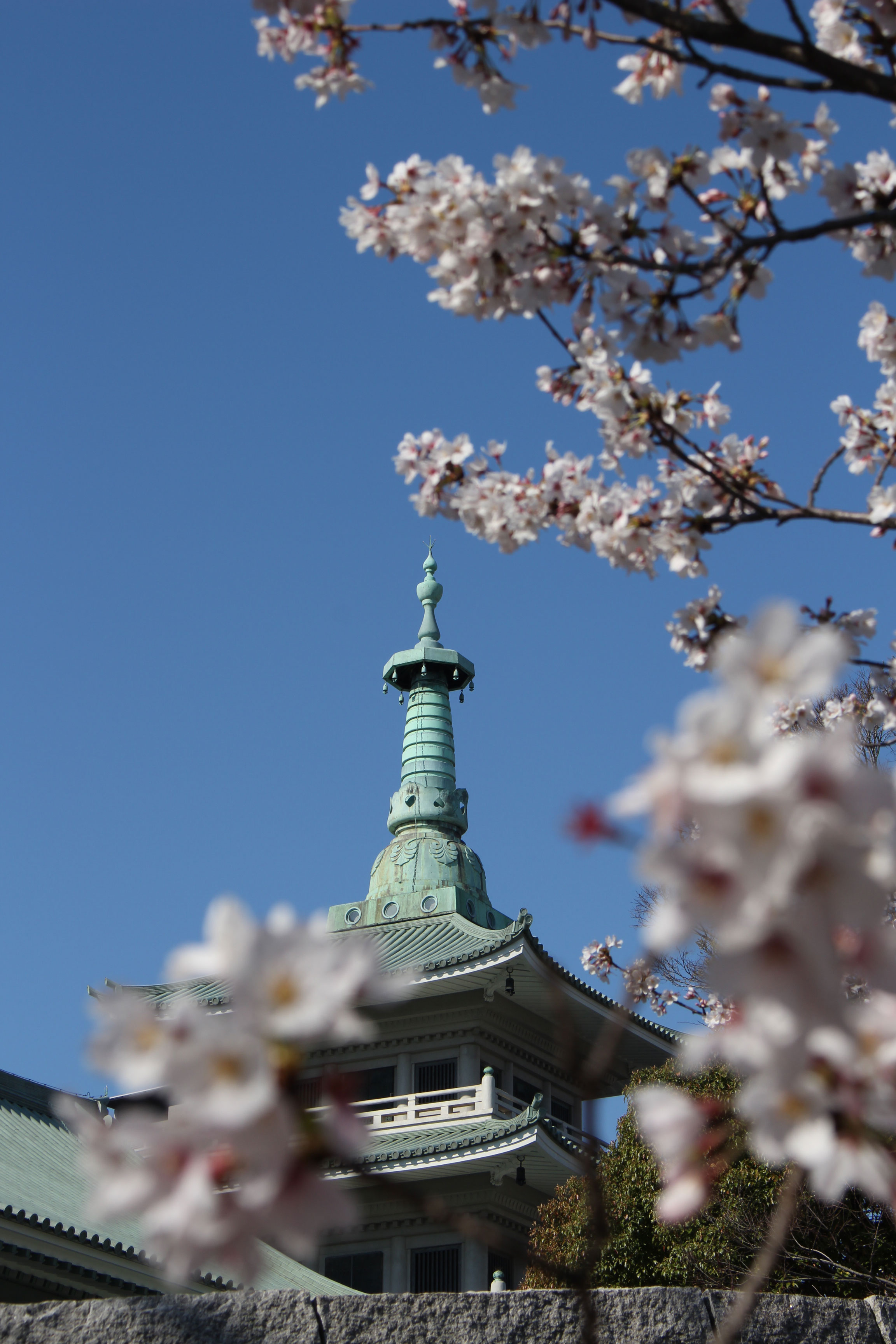 东京都慰灵堂三重塔正面外观，神社佛阁风格、钢筋混凝土构造