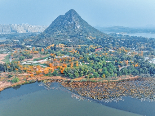 华山湖航拍全景，湖面开阔，环湖绿道清晰可见