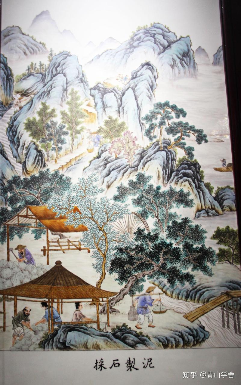 清代御窑厂制瓷工序的工艺图,展示了从原料加工到烧成出窑的完整流程