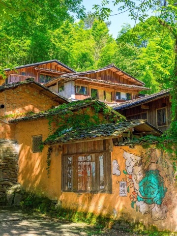 三宝村内的传统建筑和工作室群,沿山谷分布在绿树掩映中