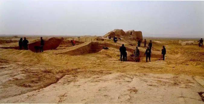 罕诺依西城发掘现场：探方中的夯土城墙与地层