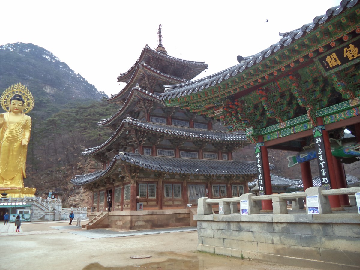 法住寺全景：捌相殿在前，弥勒大佛在后山，两者之间的高差构成了一条从17世纪木塔到20世纪大佛的垂直轴线