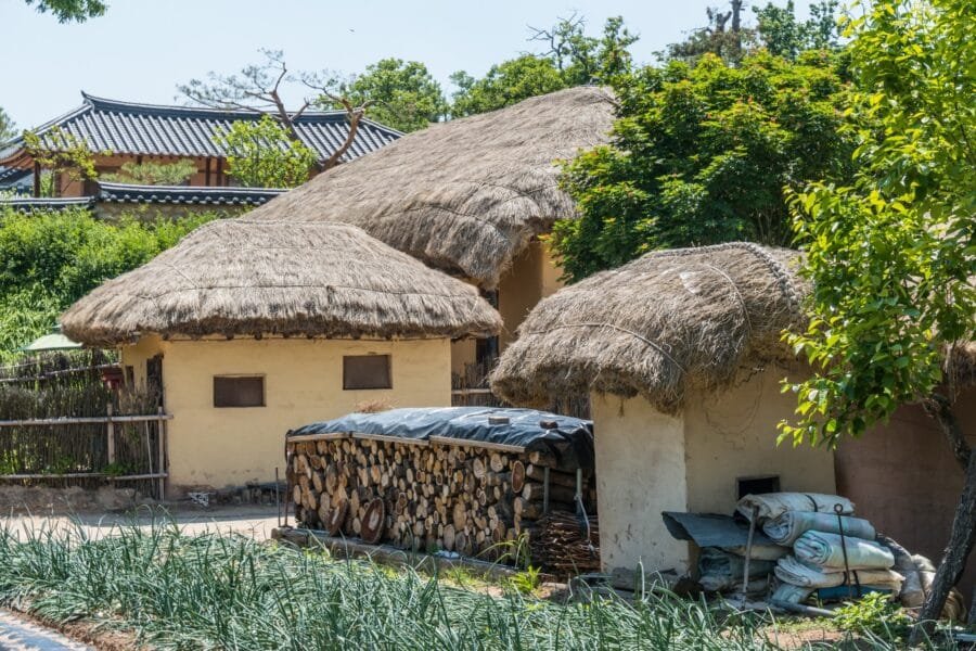 稻草顶覆盖的夯土小屋，屋顶厚实低矮，与瓦顶大宅的挑檐形成鲜明对比