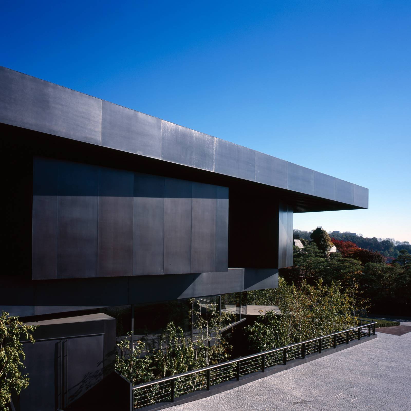 Jean Nouvel 设计的 Museum 2 现代馆：黑灰色钢结构嵌入石笼墙空腔，玻璃幕墙与银柳树交织