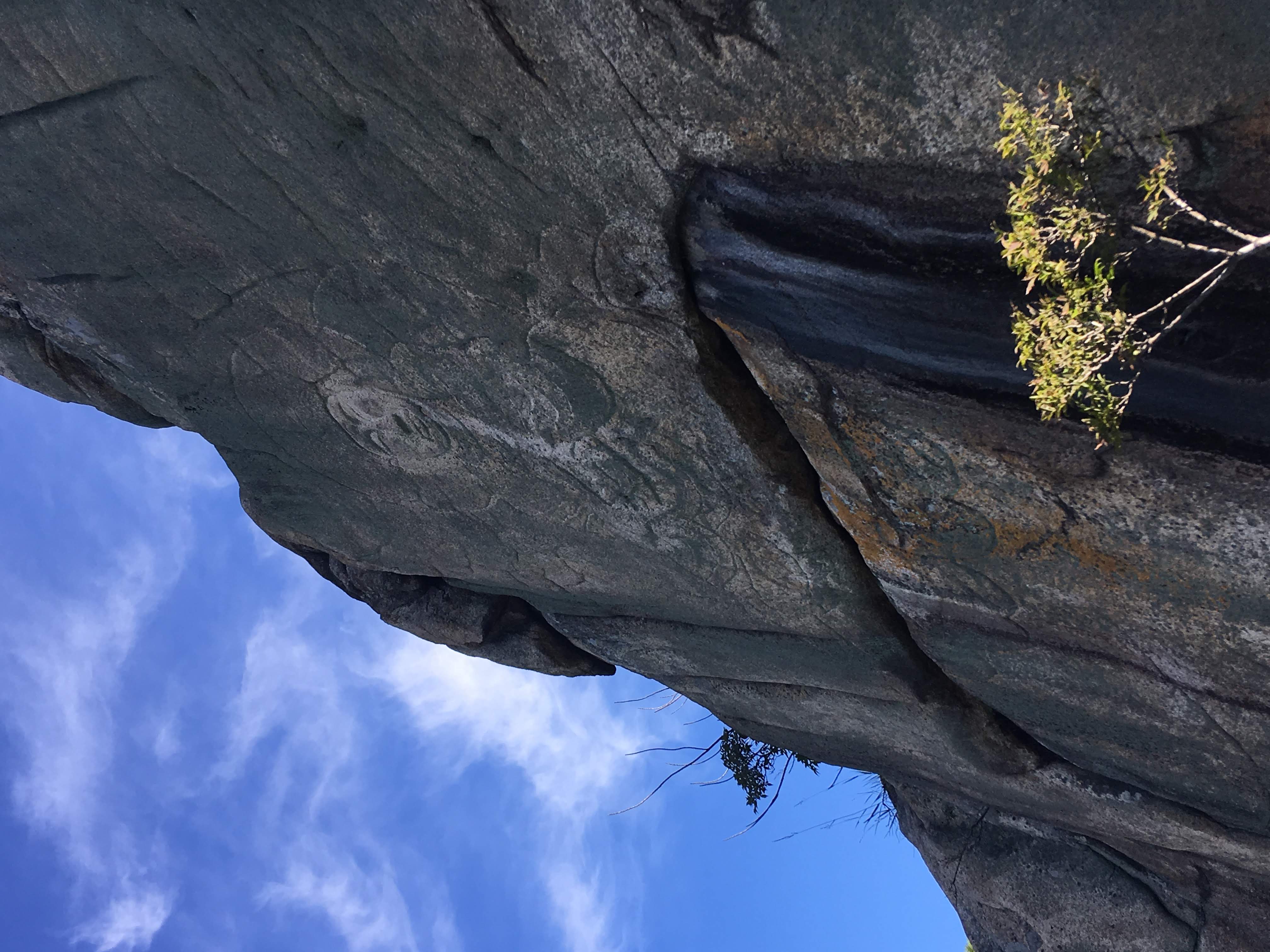 登山道旁的小型磨崖佛 - 风化严重、轮廓模糊的浅浮雕佛像直接裸露在路边岩面上