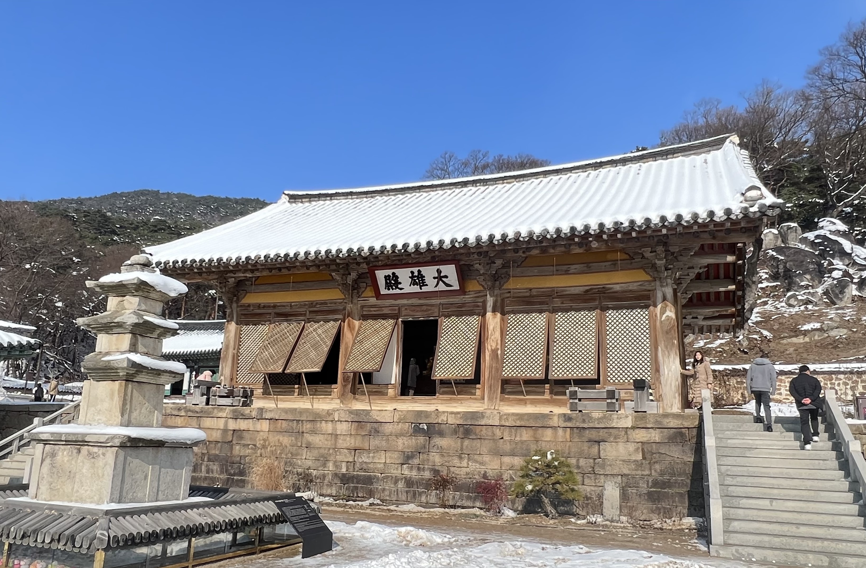 从东南侧看大雄殿与庭院的关系，歇山屋顶与石砌台基